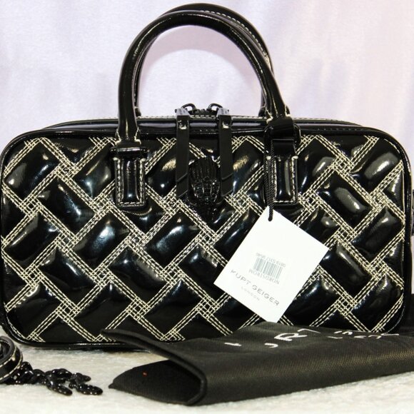 Kurt Geiger London Black Quilted Patent Satchel Top Handle Crossbody Bag w/Chain - Picture 1 of 13